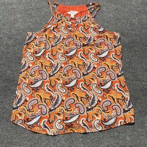 Market & Spruce Tank Top Womens Small Orange Paisley Split Neck Mixed Media